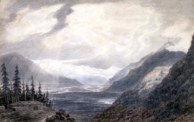 PD.6-1965 Pays de Valais, nära Genèvesjön, ca 1776 (indisk bläck, penna och tvätt på papper) av John Robert Cozens