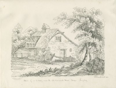 Rugeley - Stuga nära Old Cannock Wood Forges: ritning med penna och bläck av John Robert Fernyhough