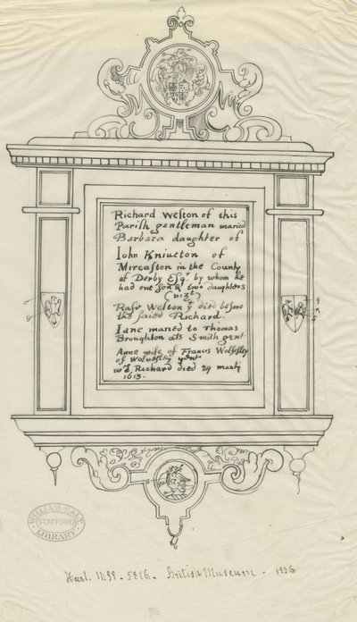 Rugeley Church (gammal) - Monument till Richard Weston: penn- och bläckspårning av John Robert Fernyhough