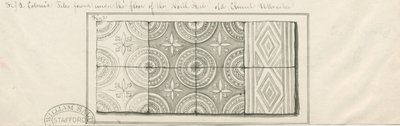 Uttoxeter Church - Färgade plattor hittade under golvet i norra gången: ritning med penna och tvätt, nd [?mitten av 1800-talet] av John Robert Fernyhough