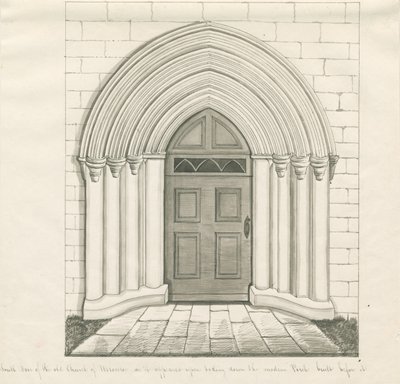 Uttoxeter Church - South Door: ritning med penna och tvätt, och [?mitten av 1800-talet] (ritning) av John Robert Fernyhough