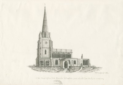 Uttoxeter Church [Gammal]: ritning med penna och bläck, 1836 av John Robert Fernyhough