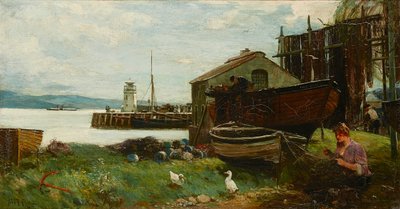 Mending the Nets, Ardrishaig (olja på duk) av John Robertson Reid