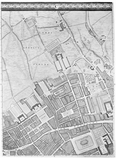 En karta över Bloomsbury och Holborn, London, 1746 av John Rocque