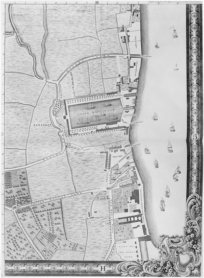 En karta över Lower Rotherhithe Docks, London, 1746 (gravyr) av John Rocque