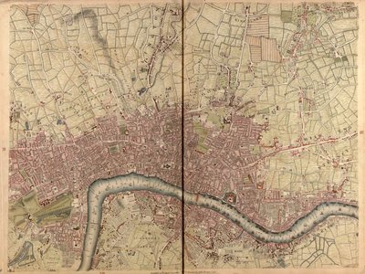 "En exakt kartläggning av städerna London och Westminster, stadsdelen Southwark, med landet nästan tio mil runt", ca 1746 (gravyr) av John Rocque