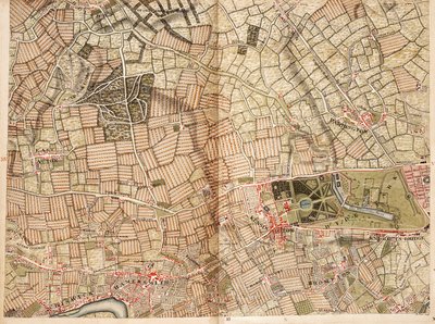 Karta över Acton, Paddington, Hyde Park och Kensington av John Rocque