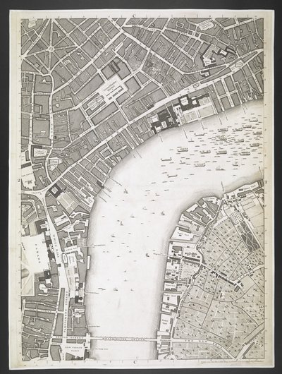 Plan av London, The Strand, Westminster bridge,  En plan över städerna London och Westminster och stadsdelen Southwark; : med de sammanhängande byggnaderna; Från en faktisk undersökning, / tagen av JOHN ROCQUE, Land-Surveyor, och graverad av John Pine,  Jo av John Rocque