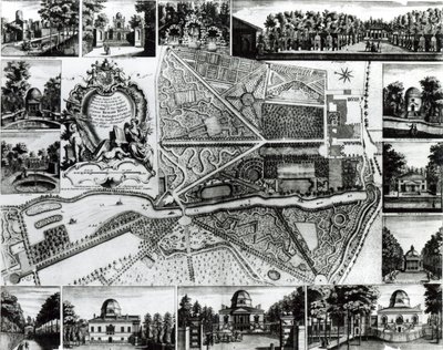 Plan över trädgården och husen i Chiswick vid Themsen av John Rocque