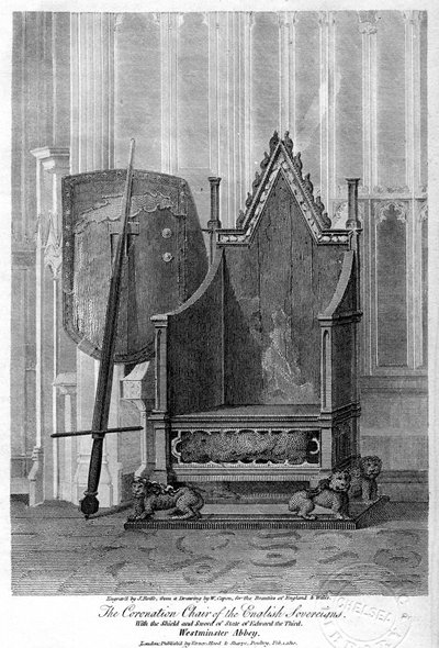 De engelska suveränernas kröningsstol, Westminster Abbey, London, 1810. av John Roffe