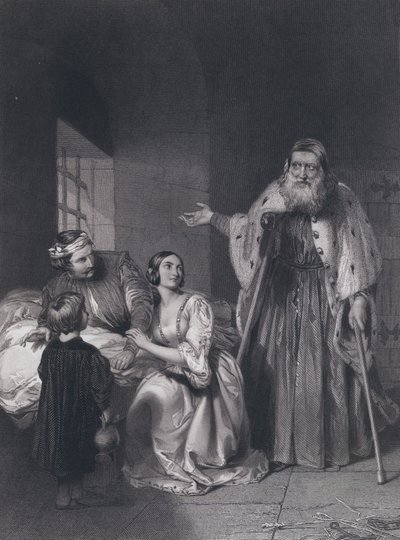 Francesco Foscari, doge av Venedig, uttalar exildomen över sin son Giacopo (gravyr) av John Rogers (after) Herbert