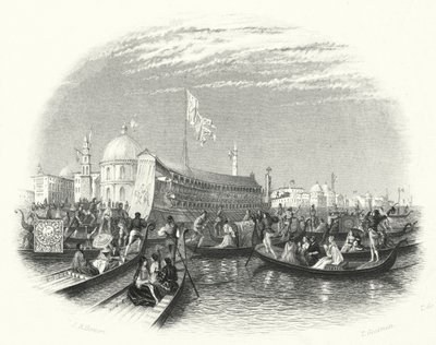 Havets äktenskap. Dogens pråm och gondoler på vattnet i Venedig (gravyr) av John Rogers (after) Herbert