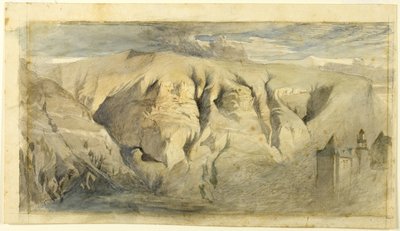 Mont Saleve, ca 1840 (akvarell över grafit på krämfärgat vevat papper, lagd på krämfärgat vevat papper) av John Ruskin