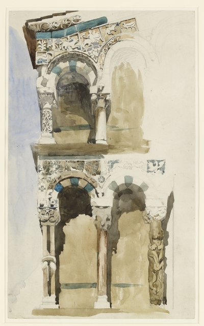 Del av fasaden på den förstörda kyrkan San Michele in Foro, Lucca, skisserad i färg 30 juni-1 juli 1846 (akvarell över grafit på papper) av John Ruskin