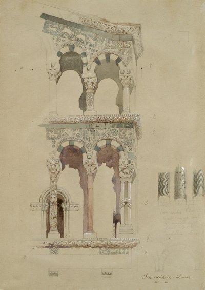 En del av fasaden på den förstörda kyrkan San Michele i Foro, Lucca, som den såg ut 1845, Ma av John Ruskin