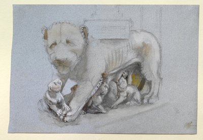 Skiss av lejoninna och ungar från Nicola Pisanos Siena Predikstol, juni 1870 (akvarell och kroppsfärg över grafit på blågrått vävt papper) av John Ruskin