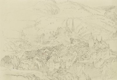 Vy över Luzern från ovan, oktober-december 1861 (grafit med inslag av penna och bläck på ljusgrått vävt papper) av John Ruskin