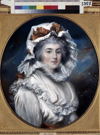 Porträtt av en ung kvinna med en keps (Porträtt av en flicka i en keps). Teckning av John Russell (1745-1806). Pastell på papper, andra hälften av 1700-talet. Engelsk konst från 1700-talet. Eremitagemuseet, Sankt Petersburg. av John Russel