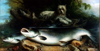 Vakta dagens fångst; en Skye Terrier med en kuk och höna lax av John Russell