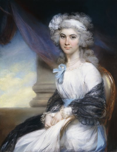 Porträtt av fröken Sophia Vansittart, tre fjärdedels längd, iklädd en vit klänning med ett vitt band om sitt pudrade hår och en svart sjal draperad om hennes axlar, sittande bredvid en klassisk kolumn, av John Russell