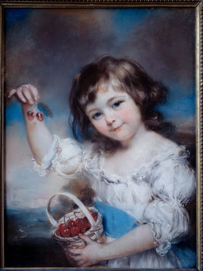 Porträtt av en liten flicka i korgen med körsbär, målning av John Russel (1745-1806) 1800-talet av John Russell
