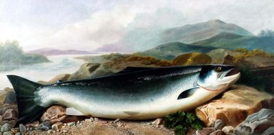 Stilleben av en lax på en flodstrand i ett bergigt landskap av John Russell