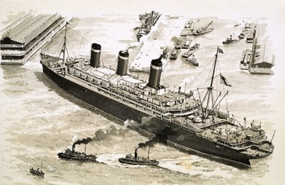 Ångfartyget Leviathan styrs in mot en pir i New Yorks hamn av bogserbåtar av John S. Smith