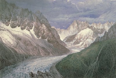 Vy över Mer de Glace med Aiguille du Moine till vänster och Grandes Jorasses i fjärran till höger, 1800-talet. av John Scandrett Harford