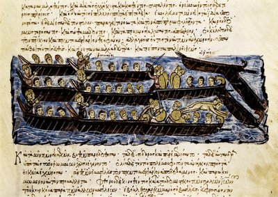 En rysk flotta, miniatyr från "Synopsis historiarum", ca 1126-1150 av John Scylitzes