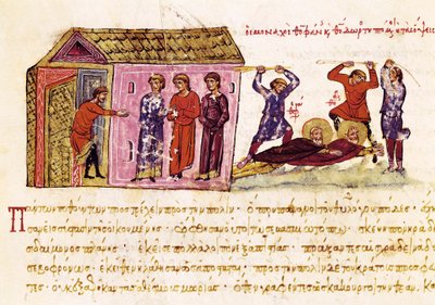 Munkarna Saint Theophanes the Confessor (c.759-818) och Saint Theodore the Studite (759-826) piskade på order av kejsar Theophile, miniatyr från "Synopsis historiarum", ca 1126-1150 av John Scylitzes