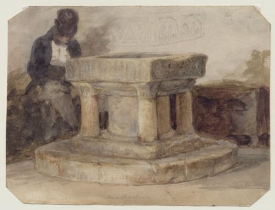 The Font of New Shoreham Church, West Sussex, med konstnären William Scott från Brighton som sover av John Sell (style of) Cotman