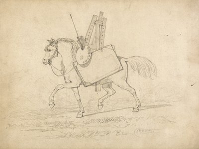 En häst laddad med konstnärens tillbehör, som går till vänster (grafit på papper) av John Sell Cotman
