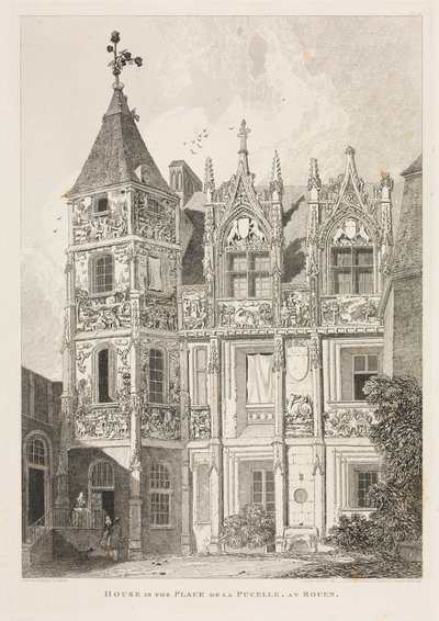 Architectural Antiquities of Normandy Vol. II, Pl. 64: Hus på Place de la Pucelle i Rouen, av John Sell Cotman