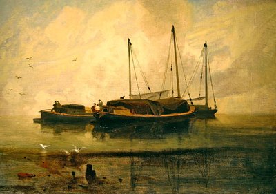 Boats at Anchor, Bladon Water, Norfolk (olja på duk) av John Sell Cotman