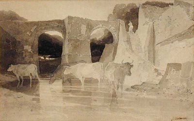 Bro och kor (penna och bläck och tvätt på papper) av John Sell Cotman