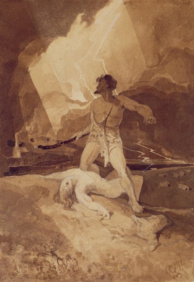 Kain och Abel, 1800-03 (sepiatvätt över svart bly) av John Sell Cotman