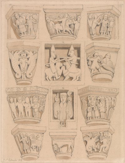 Huvudstäder och A & B Bas-reliefer i Abbey Church of Saint Georges de Bocherville, nära Rouen, Normandie av John Sell Cotman