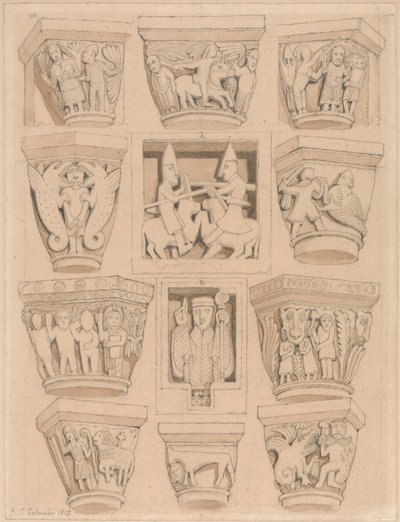 Kapitäl och A amp; B Bas-Reliefs i klosterkyrkan Saint Georges de Bocherville, nära Rouen, Normandie av John Sell Cotman