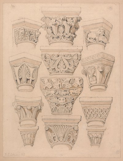 Kapitäl i klosterkyrkan S:t Georges de Bocherville, nära Rouen, Normandie av John Sell Cotman