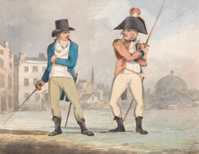 Karikatyr av två män med dragna svärd (en av en uppsättning av tre) av John Sell Cotman