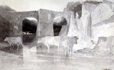 Boskap i en flod (penna & bläck och tvätt) på papper av John Sell Cotman