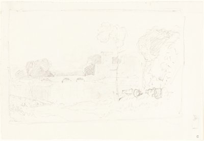 Landskapsskiss med bro och slott av John Sell Cotman