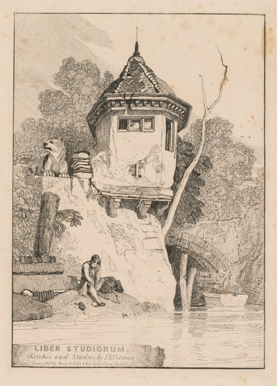 Liber Studiorum; Frontispice, utsikt över ett trädgårdshus på stranden av floden Yare av John Sell Cotman