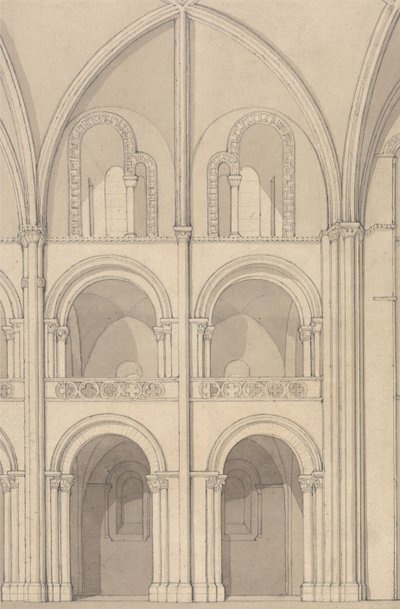Perspektivisk vy av en del av klosterkyrkan Saint-Étienne i Caen, Normandie av John Sell Cotman