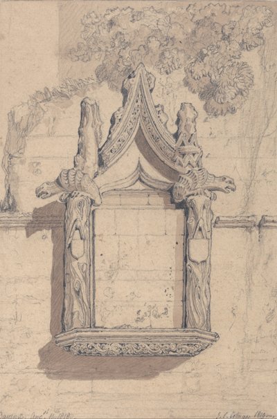 Skulptur på ett hus på norra sidan av katedralen i Bayeux av John Sell Cotman