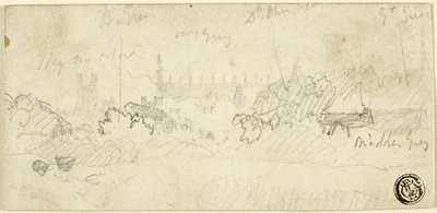 Skiss av landskap med katedral av John Sell Cotman