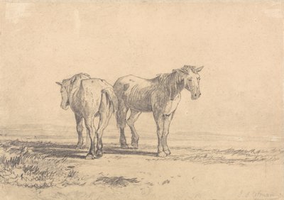Två gamla hästar står på ett fält av John Sell Cotman