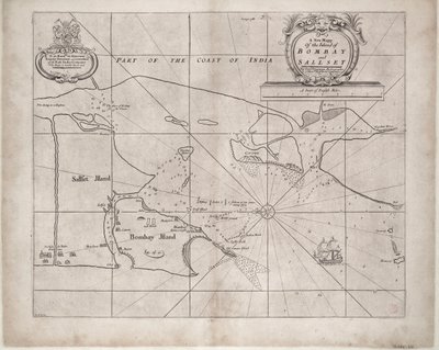 Karta över Bombay och Sallset av Samuel Thornton, hydrograf vid Ostindiska kompaniet, först utgiven ca 1685 av John Seller