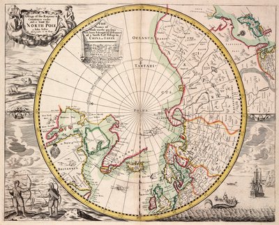 Polarprojektionskarta med polcirkeln, ca 1680 (kolorerad gravyr) av John Seller
