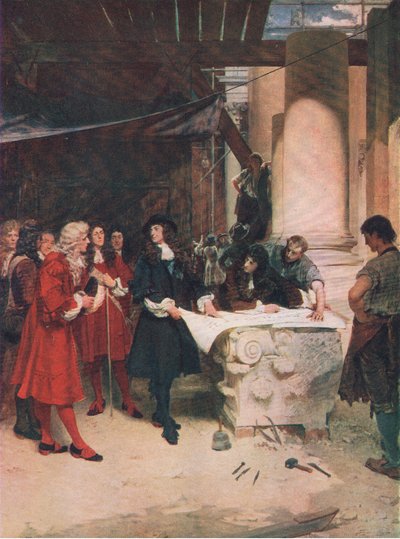 Kung Charles besökte Wren under byggandet av St Pauls, illustration från The History of the British People publicerad av Waverley, c.1940 (litho) av John Seymour Lucas